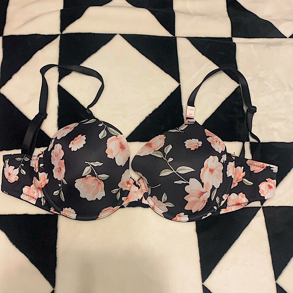 Black and Pink Floral T-shirt Bra